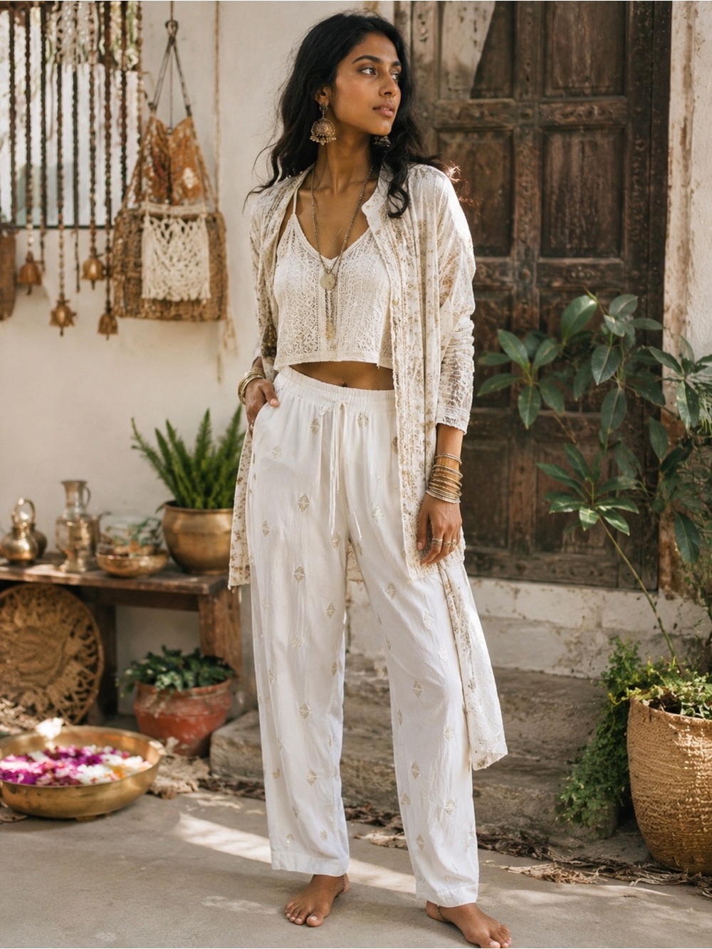 Boho Cream Embroidered Relaxed Pants